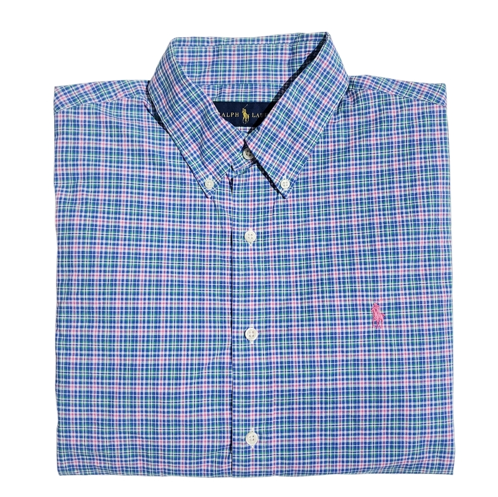 Ralph Lauren Mens Classic Fit Colorful Plaid Oxford Shirt Green/Blue/Pink Large